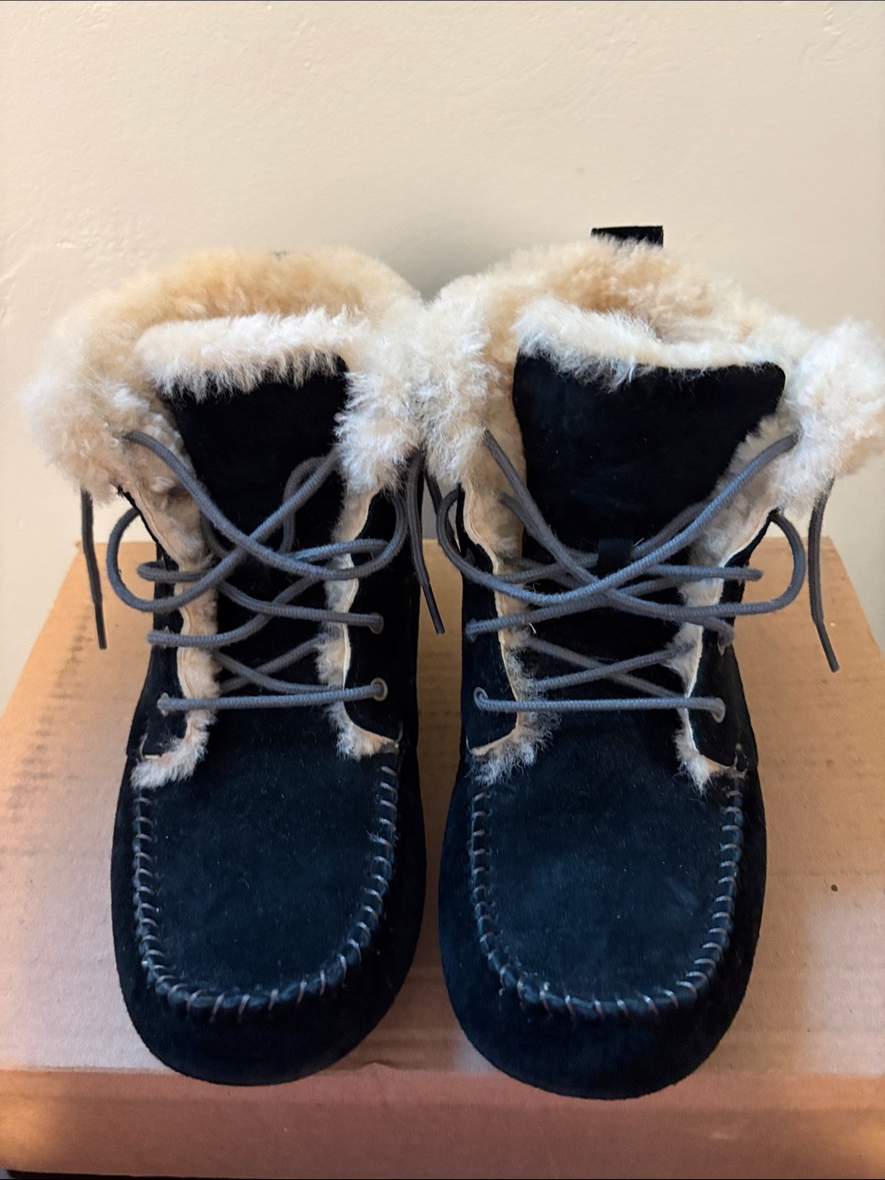 UGG Chickadee Black Suede Lace-Up Shearling Ankle Boots with Cream Trim - Size 8